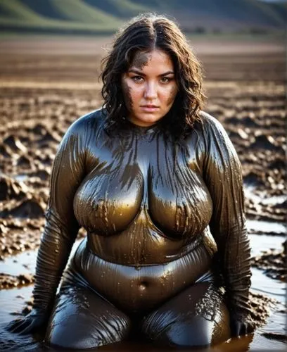 rundes dickes gesicht einer jungen frau. geicht ist mit dreck bedeckt und beschmiert. haare sind durchnäßt und mit schlamm bedeckt,michelin,fatayer,plus-size model,wetsuit,dry suit,sumo wrestler,hard 