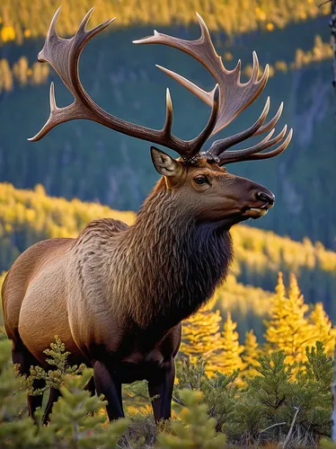 Describe a serene scene of a bull elk peacefully resting in the majestic mountains.,elk bull,elk,bull elk resting,bull elk next to madison river,elk reposing on lateral moraine,bull elk on lateral mor