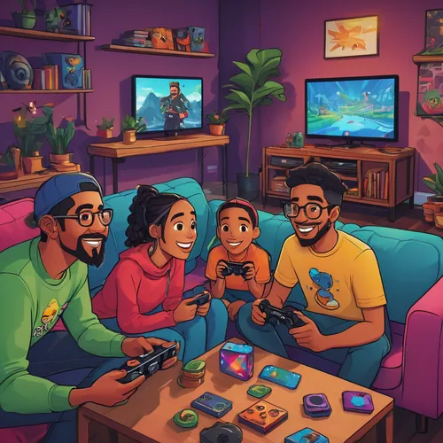 game room,game illustration,digital nomads,playing room,kids illustration,game art,consoles,the dawn family,gamers,nintendo gamecube,gamers round,community connection,gamer zone,game drawing,nintendo,family group,diverse family,game characters,gaming,island group,Illustration,Vector,Vector 15