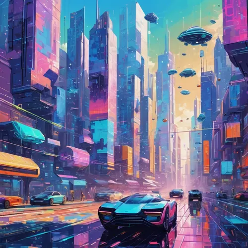 Illustrate a futuristic cityscape in an Android wallpaper with flying cars and advanced technology,cyberpunk,colorful city,cityscape,futuristic landscape,futuristic,urban,metropolis,fantasy city,citie