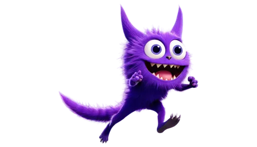 Purple People Eater, cartoon character, fantasy creature, one eye, antennae, sharp teeth, purple skin, fluffy arms, legs, and tail, shiny surface, playful pose, jumping, energetic movement, soft focus