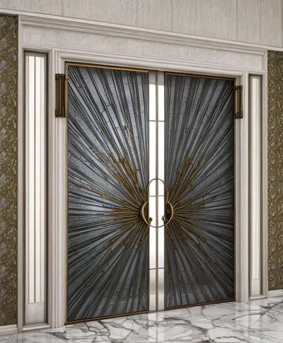 interior door, bronze, metallic gray door color, bronze branch shaped door handle,stained glass on door sides,floor white marble,a double entry door with sunburst pattern,metallic door,steel door,hing