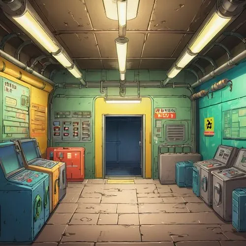 fallout shelter,sci fi surgery room,convenience store,locker,cartoon video game background,chemical laboratory,backgrounds,laundry room,computer room,engine room,examination room,bunker,cold room,operating room,mining facility,laundromat,research station,subway station,ufo interior,dormitory,Illustration,Japanese style,Japanese Style 03