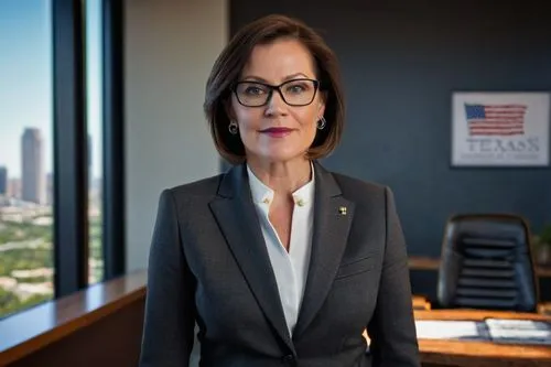 Texas Board of Architectural Examiners, mature lady, professional attire, suit jacket, white blouse, black pencil skirt, high heels, glasses, short hair, minimal makeup, standing, confident pose, offi