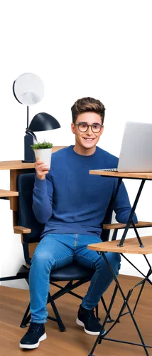 Digital marketer, young adult, male/female, smiling face, glasses, trendy hair, casual clothing, laptop, smartphone, notebook, pen, coffee cup, modern office background, wooden desk, ergonomic chair, 