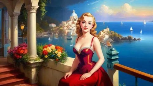 Romantic masterpiece oil painting, cute girl portrait, nostalgic 1950's style kitsch, vast seaside harbor landscape, beautiful scenery, by Thomas Kinkade, by Bob Ross,hildebrandt,vettriano,catalina,po