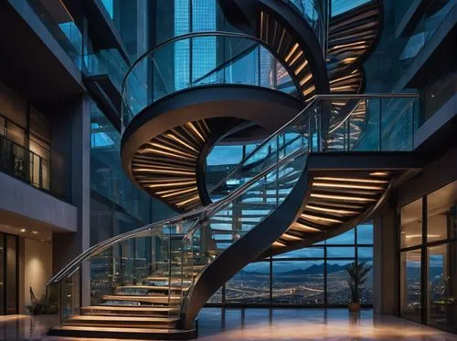 Modern, futuristic, sleek, minimalist, high-rise, skyscraper, cityscape, urban, night, LED lights, steel, glass, concrete, abstract, geometric, spiral staircase, grand atrium, panoramic view, 3/4 comp