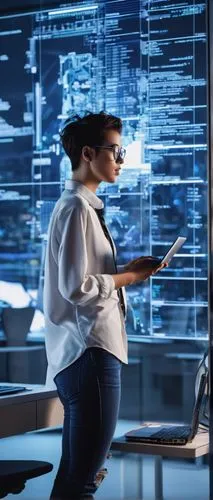 Modern software engineer, solo, (25yo), messy short hair, black-rimmed glasses, white shirt, dark blue jeans, sneakers, holding a laptop, coding, standing, in front of a large screen displaying a comp