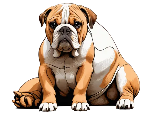 Bulldog, line art, cartoon style, cute expression, wrinkled face, short ears, muscular body, short legs, sitting posture, paws together, simple background, bold lines, monochromatic, high contrast, 3/