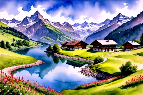 alpine landscape,alpine village,landscape background,mountain scene,mountain landscape,watercolor background,mountain village,high alps,bernese highlands,mountainous landscape,alpine pastures,alps,the alps,landscape,home landscape,oberland,swiss,salt meadow landscape,bernese oberland,khokhloma painting,Illustration,Paper based,Paper Based 24