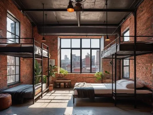 Modern minimalist hostel, industrial-style interior, wooden bunk beds, metal frames, cozy reading nook, floor-to-ceiling windows, city view, bustling streets, concrete flooring, exposed brick walls, r