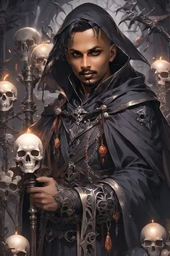 the man is holding a candle and skeleton head,messalla,nasir,teferi,necromancer,khalil,laveau,marcao,nnamdi,kelebone,skelemani,boneparth,nas,vanitas,reaper,demetrius,hamlet,inquisitor,raja,omari,arcan