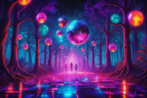 Imagine a horror scene set in a haunted forest, with eerie whispers echoing through the trees.,forest of dreams,disco,orb,dimensional,prism ball,fairy world,dimension,neon ghosts,spheres,fantasy world