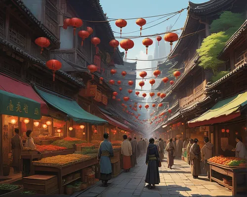 Immerse yourself in the vibrant streets and bustling markets of 文轩探花 as you navigate a web of intrigue.,chinese lanterns,lanterns,chinatown,china town,the market,world digital painting,mid-autumn fest