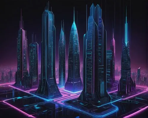 cybercity,futuristic landscape,cybertown,monoliths,cyberworld,cyberia,tron,cyberport,synth,mainframes,metropolis,cyberpunk,cybertron,coruscant,digitalism,areopolis,vanu,futuristic,cyberscene,cyberspace,Illustration,Retro,Retro 26