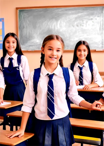 Western-style classroom, group of students, 10-12 years old, diverse facial expressions, casual school uniforms, bright-colored backpacks, wooden desks, chairs, blackboard, teacher standing, smiling, 