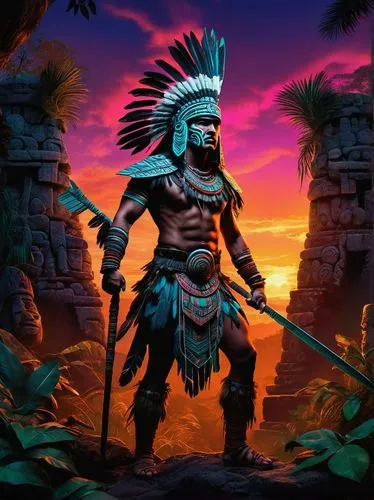 aztec,aztecas,montezuma,tribesmen,kayapo,lone warrior,Illustration,Realistic Fantasy,Realistic Fantasy 45