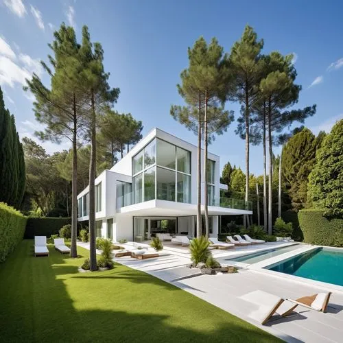 

Create a high-definition image of a modern two-story villa with a clean white facade, set in a lush garden. The villa should feature large floor-to-ceiling windows that reveal a chic, minimalist int