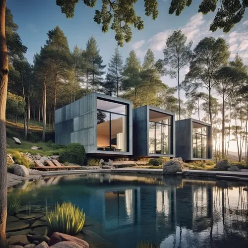 Diseño de 3 cabañas, estilo mínimalista a base de cubos recubiertos de lámina de acero con un ventanal panorámico qué mira  un lago, agua azul, reflejos, sombras, corrección de herrores, proporción, f