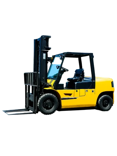 Forklift, industrial machine, yellow body, metal texture, rusty details, hydraulic system, wheels, lifting platform, operator cabin, warning lights, shadows, low-angle shot, dramatic lighting, 3/4 com