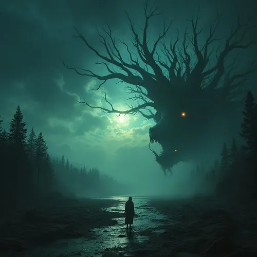 fantasy picture,moonsorrow,haunted forest,creepy tree,lycanthrope,halloween background,Illustration,Realistic Fantasy,Realistic Fantasy 47