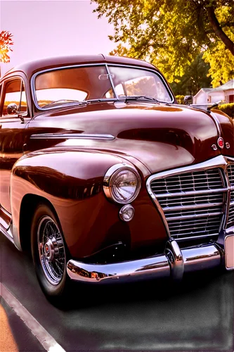 Vintage car, 1950s style, curved body, shiny chrome bumper, rounded headlights, elegant grille, rich brown leather seats, wooden steering wheel, classic dashboard, intricate clock, soft top, whitewall