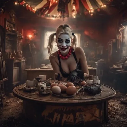 naked skin, cleavage,a woman dressed in a joker costume is posing on a table with egg trays,pagliacci,freakshow,creepy clown,anabelle,horror clown,cirque du soleil