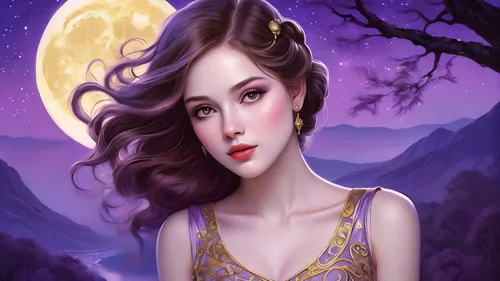 fantasy portrait,zodiac sign libra,fantasy picture,fantasy art,purple moon,fairy tale character,fantasy woman,faerie,sorceress,vampire woman,vampire lady,fairy queen,the enchantress,horoscope libra,moonlit,moonlit night,faery,la violetta,the night of kupala,queen of the night,Illustration,Realistic Fantasy,Realistic Fantasy 15