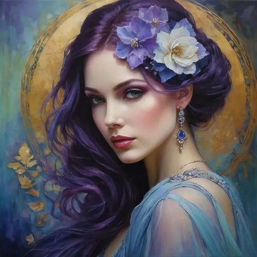 fantasy portrait,megara,romantic portrait,mystical portrait of a girl,lilac blossom,boho art,Illustration,Realistic Fantasy,Realistic Fantasy 30