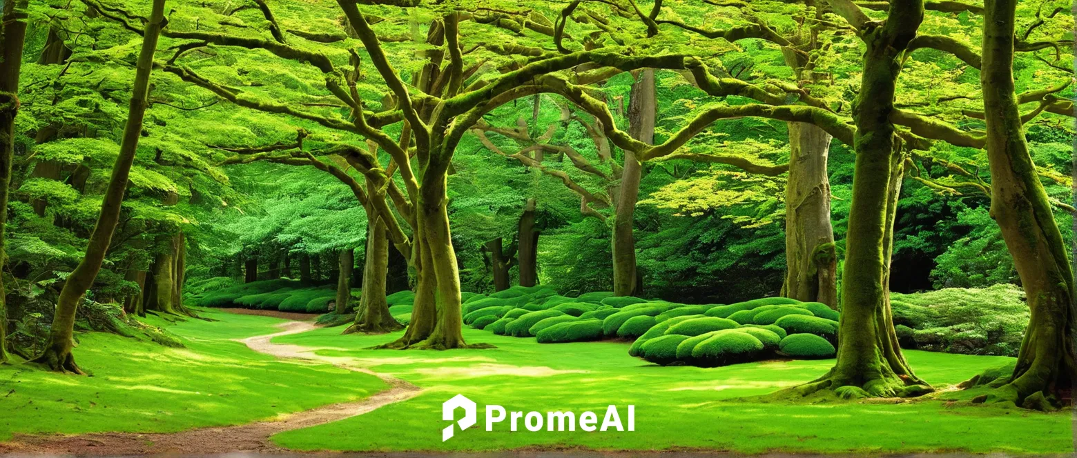 Woodland walk below mature oaks, carpeted with emerald moss, framed by young acers and evergreen Kurume azaleas including for...,green forest,tree lined path,green trees,green landscape,aaa,forest pat