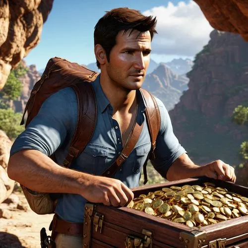 نيثن دريك من لعبة انتشارتد ينضر الى الكنز,indiana jones,mountain guide,treasure chest,el capitan,trail mix,backpacking,male character,ps4,american frontier,videogames,treasure map,the spirit of the mo