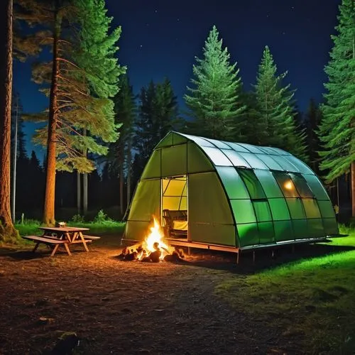 green house car Parking for camping in the forest at night. There is a beautiful bonfire.,camping tents,tent camping,camping tipi,roof tent,camping equipment,camping,fishing tent,camping gear,camping 