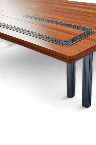 Modern wooden table, rectangular shape, smooth surface, metal legs, rounded edges, ornate carvings, luxurious, high-end, close-up, 45-degree angle, warm lighting, shallow depth of field, soft focus.,w