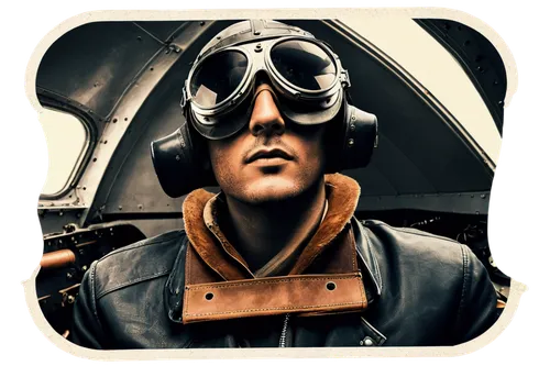 vintage airplane, old photography, black and white filter, worn-out leather seat, rusty metal body, propeller, cockpit window, pilot's goggles, aviator sunglasses, classic hat, nostalgic atmosphere, s