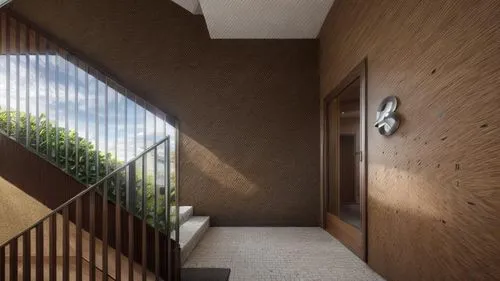 stiarcase, biophilic interior, bright, apartment building,there is a view down the stairs from outside the room,outside staircase,3d rendering,render,stairwell,wooden stair railing,hallway space,stair