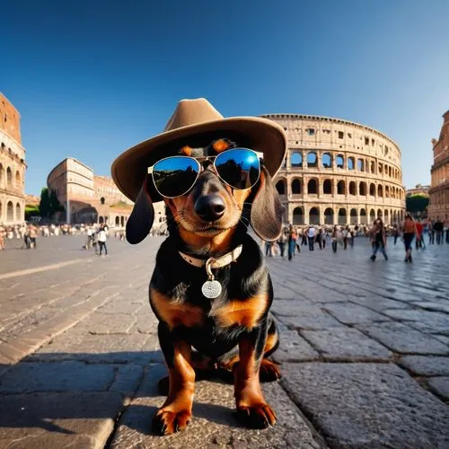 black and brown teckel, with sunglasses, panama hat walking in Roma, with the Coliseu in the background. The day is sunny and the sky is very blue. the photo has natural lighting and high definition a