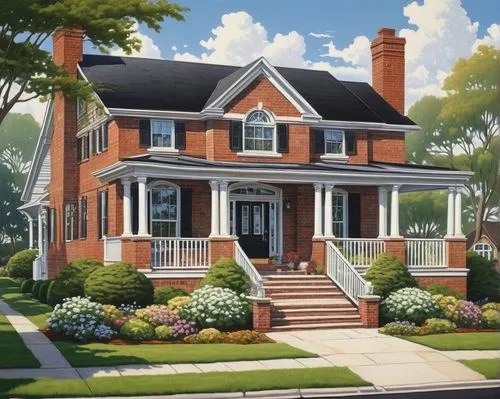 American suburban house, two-story, brick exterior, white windows, black roof, front door with glass panels, welcoming porch, pillars, flower-filled planters, green lawn, sprinkler system, sunny day, 