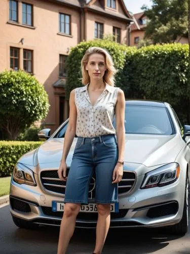 A high resolution photo Portrait of Alice Weidel in front of a luxury car.,the beautiful woman is posing by a car,mercedescup,annasophia,car model,mercedes benz cls 350 d 4 m,cls,mercedes benz,Photogr