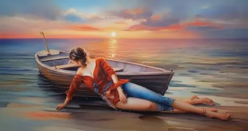 girl on the boat,oil painting on canvas,the sea maid,man at the sea,oil painting,el mar,boat on sea,seafaring,boat landscape,fisherman,art painting,sea landscape,girl with a dolphin,at sea,italian painter,fantasy picture,oil on canvas,sailing-boat,fishermen,girl on the river,Illustration,Paper based,Paper Based 04