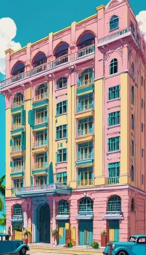 hotel riviera,grand hotel,apartment building,an apartment,facade painting,venetian hotel,colorful facade,apartment block,monte carlo,apartments,havana,honolulu,vedado,palazzo,hotel,luxury hotel,apartment house,art deco,department store,hotels,Illustration,Japanese style,Japanese Style 03