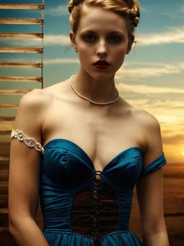 Random,a woman dressed in blue in the sunset,ginta,lily-rose melody depp,bodice,corsets,vintage woman,colorization,evanna,liesel,corseted,corset,image manipulation,photoshop manipulation,satine,maxon,