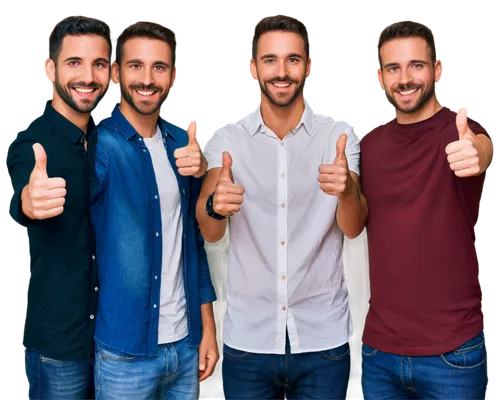 International Men's Day, happy men, smiling faces, bearded, mustache, stylish hair, casual wear, denim jeans, white shirts, leather belts, sporty watches, muscular arms, confident postures, thumbs up,