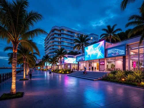 Glowing neon lights, oceanfront promenade, tropical palm trees, modern nightclub architecture, sleek glass fa\u00e7ades, metallic accents, dynamic LED displays, strobe lights, fog machines, DJ booths,