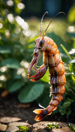 A grilled shrimp running in the garden, cooked through head to toe,ornamental shrimp,caridean shrimp,shrimp killer,pilselv shrimp,centipede,shrimpfood,cleaning shrimp,river crayfish,botan shrimp,bobó 