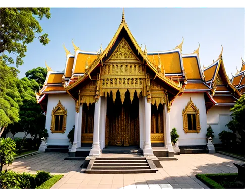 Wat Ratchabophit, Thai temple, ancient architecture, intricate carvings, golden decorations, pointed roofs, stone walls, ornate doors, morning sunlight, warm tones, soft shadows, panoramic view, high 