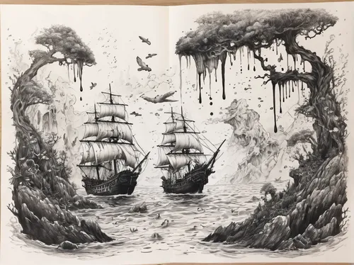 pirate ship,ghost ship,shipwreck,boat landscape,maelstrom,sea fantasy,sea sailing ship,sailing ships,sail ship,hand-drawn illustration,rotten boat,rope bridge,sunken ship,nautical paper,ship wreck,full-rigged ship,galleon ship,boats,swollen sail air,old ships,Illustration,Black and White,Black and White 34