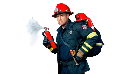 muscular man, firefighter, serious expression, sweaty face, messy short hair, red helmet, black jacket, silver badge, holding fire hose, spraying water, dynamic pose, low-angle shot, dramatic lighting