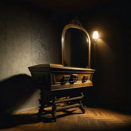 Cheval mirror and inside the mirror is the dark silhouette of a demon crouching down,the vanity in the room with mirror has a light on it,music chest,chiaroscuro,dark cabinetry,dresser,the piano,the t