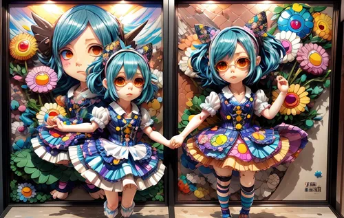 vocaloid,blue daisies,twin flowers,butterfly dolls,anime japanese clothing,harajuku,kawaii children,myosotis,hatsune miku,blue passion flower butterflies,wreath of flowers,doll looking in mirror,mirror house,japanese kawaii,mirror image,kawaii patches,naginatajutsu,peacock butterflies,flower wreath,gachas