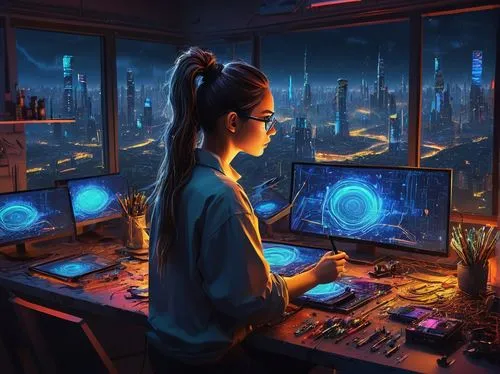 girl at the computer,cyberpunk,cyber,sci fiction illustration,computer room,computer,cyberspace,computer addiction,computer workstation,night administrator,world digital painting,computer art,working space,computer desk,computer freak,girl studying,virtual world,women in technology,cyber glasses,desktop computer,Art,Classical Oil Painting,Classical Oil Painting 38